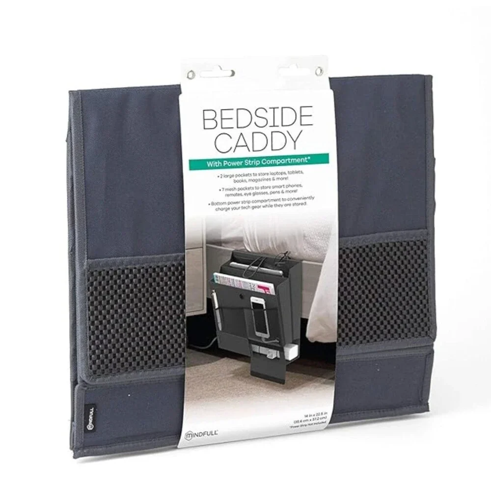 Grey Bedside Caddy Organizer Mattress Flap Hanging Power Strip Charging Pouch
